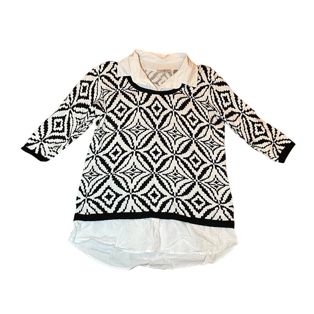 Roz & Ali Layered‎ Knit Sweater Geometric 3/4 Sleeve Pullover Black White L NEW